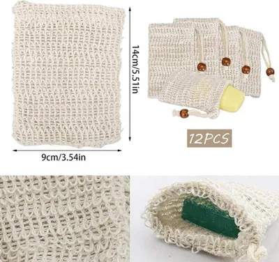 Sisal-Seifensäckchen zur Peeling- und Reinigung von Gesicht und Körper, Set mit 12, mit Zugband, wiederverwendbar und