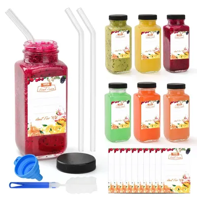 Productafbeelding van Smoothieflessen 250 ml - Glazen Flessen - Shotflessen - Drinkflessen - Mini Glazen - Inclusief Rietjes en Trechter - Sapflessen