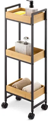 Image de Étagère de salle de bain en bambou sur roulettes - Meuble de rangement avec tiroirs - Naturel et pratique