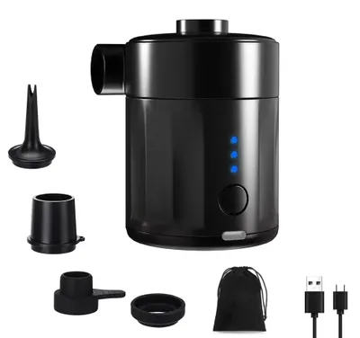 Produktbild von Mini-Elektroluftpumpe - Wiederaufladbar - 5000 Pa - Luftstrom 450 l/min - Aufblasen und Entleeren - Mehrere Düsen - Für Camping