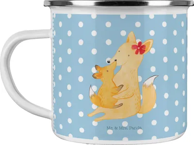 Produktbild von Mr. & Mrs. Panda Emaille Tasse Fuchs Mama - Blau Pastell - Geschenk, Becher, Teetasse, Mutter, Pott, Kaffeepott, Umarmen, Schoß, Muttertag, Haferl