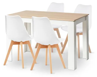 Productafbeelding van Eetset voor 4 personen, eettafel 120 cm, rechthoekig, eikenhout en wit, met 4 stoelen, wit, kunststof, beuken hout, massief