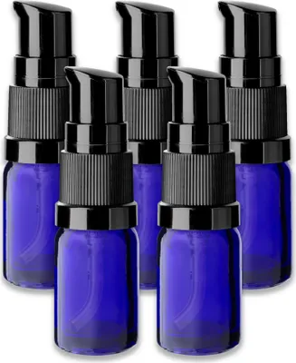 Produktbild von 5x Blaue Glasflasche 5 ml mit schwarzer Pumpe Spender Probefläschchen