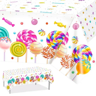 Productafbeelding van Tafelkleed Candyland, 3-delig, plastic, met snoepthema, ideaal voor meisjesfeestjes en kerstdecoratie