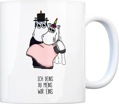 Produktbild von Honeycorns Kaffeebecher mit Einhorn Motiv und Spruch Ich deins du meins wir eins