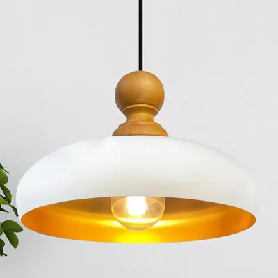 Produktbild von Androa Pendellampe Holz 40 cm Lampe 1-flammig Esszimmerlampe Industrial , Deckenleuchte Innen Metall Industrielampe Vintage, Küchenlampe - Weiß