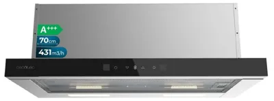 Zdjęcie produktu dla Teleskopowa okap kuchenny 70 cm Cecotec Bolero Flux TLT 704400, czarne szkło, klasa energetyczna A+++. Wydajność 431,2 m³/h, niskie zużycie energii, silnik prądu stałego