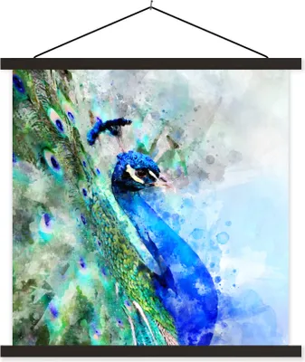 Produktbild von MuchoWow® Textilposter Aquarell - Pfau - Blau 90x90 cm mit schwarzem Rahmen - Magnetisches