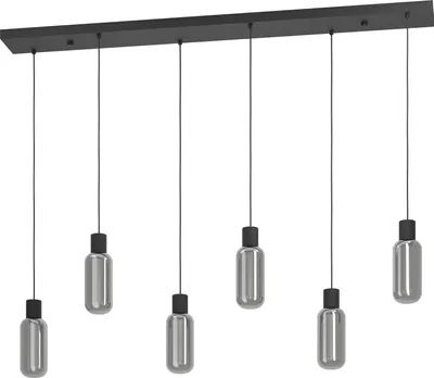 Produktbild von EGLO Hängelampe Maione - Moderne Pendelleuchte mit 6 Rauchglas-Schirmen, Esszimmerlampe aus Metall in Schwarz und Grau, E27 Fassung, ideal für Esstisch, 138 cm lang