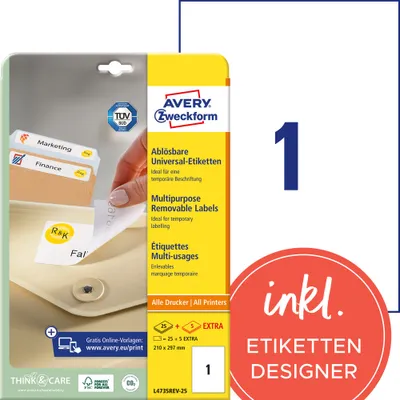 Produktbild von Avery Zweckform L4735REV-25 Universal-Etiketten, ablösbar, A4 210 x 297 mm, weiß