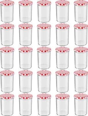 A grid of empty glass jars with red and white checkered lids.