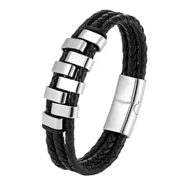 Produktbild von Herrenarmband Leder Edelstahl Armband Herren Schwarz