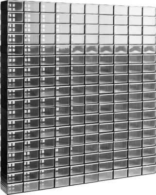 A wall of small, clear plastic storage boxes with silver frames.