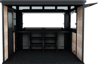 Produktbild von Keter Bar Shed, Marktstand Signature Ashwood, Gartenbar inkl. Theke, Glasaufhänger-Set, Regalset, TV Befestigung 279 x 2