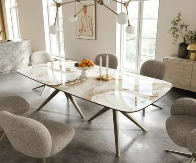 Produktbild von DELIFE Esstisch Edge Boot 240x120 cm Keramik Minas Melange Weiß-Beige Estelar rund Metall Effektfinish Titan