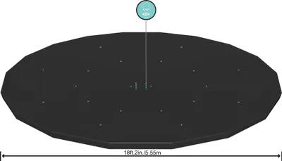 A black, octagonal tarp is shown from a slightly elevated, diagonal angle against a white background. A small circular icon with a rain cloud and droplets is connected to the center of the tarp by a thin line.