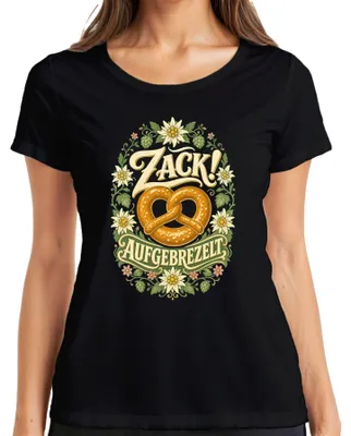 Productafbeelding van Zack! Opgeklopt pretzel-motief, Edelweiß, traditionele Beierse kleding, lederen broek, dirndl, dames T-shirt, zwart, maat L