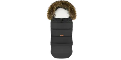 A black baby footmuff with a brown fur-lined hood, shown from the front against a white background.
