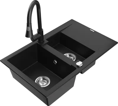 Produktbild von Mexen Gaspar 1,5-Becken-Granitspüle mit Abtropffläche und Mischbatterie Elia, Schwarz - 6507-77-670101-70