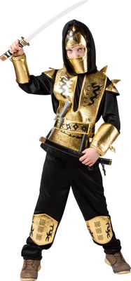 Produktbild von Ninja gold Krieger Set 4-tlg. Oberteil Hose Gürtel Haube Kinder Karneval Kostüm 116-152