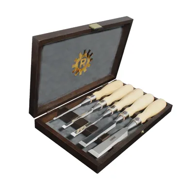 Obrázok produktu pre Sada plochých dlát RICHTER v drevenom kufríku, 1/4"-3/8"-1/2"-3/4"-1"