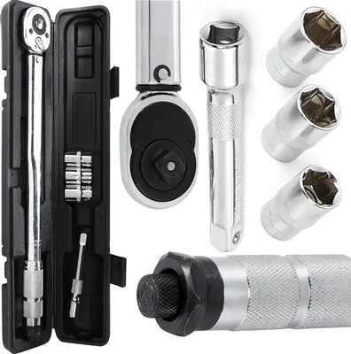 A collage of images showing a torque wrench set and its components.