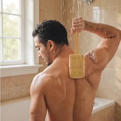 Produktbild von Luffa-Rückenbürste für die Dusche mit langem Griff zur Körperpflege für Männer und Frauen
