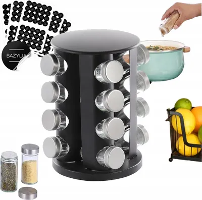 A product shot of a rotating spice rack with various spices and fruits.