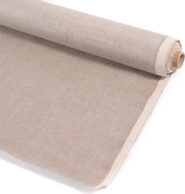 A roll of beige linen fabric is shown on a white background.
