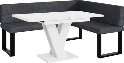 Produktbild von MEBLINI Eckbank für Esszimmer mit ausziehbarem Tisch  - Küchenbank - Essecke - Sitzecke Küche - PETER - U-Beine 128x168x87cm Rechts - Dunkelgrau Samt/M Weiß Matt