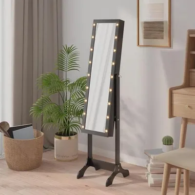 Immagine prodotto di Specchio a parete illuminato a LED, nero, 34x37x146 cm, realizzato in materiale composito per mobili. Specchio a figura intera con cornice pieghevole e spazio contenitivo, ideale come specchio da trucco per camera da letto, ingresso o guardaroba