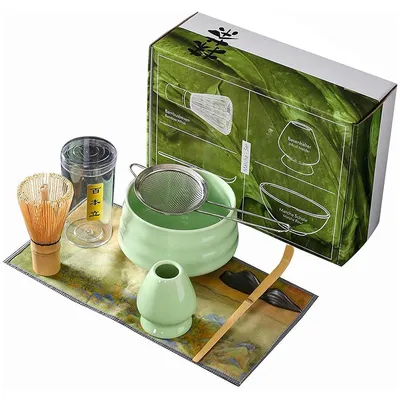 Produktbild von Matcha Teezeremonie Set 4-teilig,Japanisches Matcha Teeschalen Set mit Bambusbesen, Löffel und Zubehör, Keramik Schale,Grün