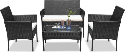 Obrázek produktu pro Jayseuw sada zahradního nábytku, balkónový nábytek s polštáři, polyratanová balkónová souprava s křeslem a stolem, sedací souprava terasový nábytek ratanový nábytek na balkón, černý, zahrada, veranda（4tlg）