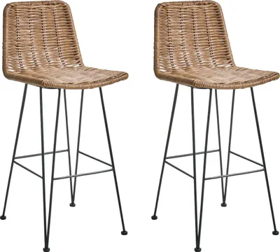 Produktbild von BELIANI Barstuhl 2er Set Braun Rattan mit Lehne Fußstützen Schwarze Metallbeine Boho Design Thekenstuhl Küchenstuhl Wohnzimmer Küche Bar Wohnküche