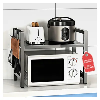 Produktbild von Verstellbares Mikrowellenregal, Erweiterbares 2-stufiges Regal, Stehendes Mikrowellenregal, Flexibel Ausziehbar von 40-60 cm, mit 6 Haken, für Arbeitsplatte, Bäckereiregale, Küchenorganizer (Grau)