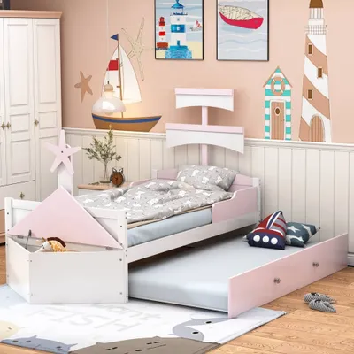 Produktbild von AIORBER Kinderbett, 90 x 200 cm, Segelbootform mit ausziehbarem Bett, hochwertiges Kiefernholz mit Ablagefächern, stabil und langlebig, Rosa