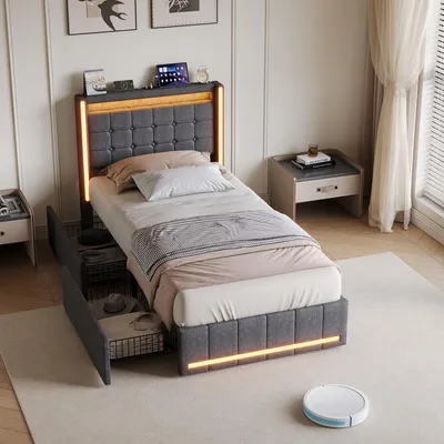 Produktbild von Polsterbett 90x200 cm mit 2 Schubladen, RGB-LED, USB-C, 2 USB, Stauraum-Kopfteil, Lattenrost, Einzelbett Grau