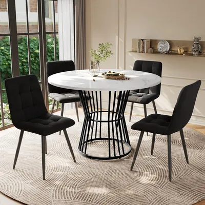 Image de Sweiko Ensemble de table de salle à manger (5 pièces), Ensemble de table de salle à manger avec 4 chaises, Ensemble de table de cuisine, Table de salle à manger ronde de 100 cm de diamètre avec pieds en métal noir, plateau en MDF blanc, chaises de salle à manger en velours noir