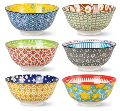 Zdjęcie produktu dla Elzusha - Zestaw 6 kolorowych ceramicznych talerzy śniadaniowych, pojemność 700 ml