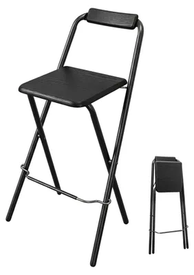 Zdjęcie produktu dla Składany taboret barowy, czarny - siedzisko drewniane - oparcie - udźwig 110 kg - wymiary 95 x 50 cm - oszczędza miejsce - krzesło barowe