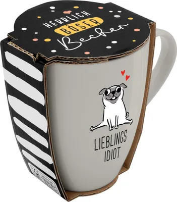 Produktbild von Tasse mit Motivdruck 'LIEBLINGSIDIOT', mit Banderole