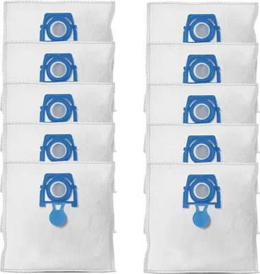 A stack of white vacuum cleaner bags with blue connectors, arranged in two columns.