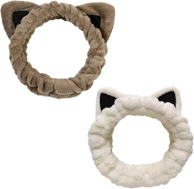 Produktbild von 2 niedliche Katzen-Spa-Stirnbänder aus flauschigem Korallen-Fleece für Gesichtswäsche, Make-up und Hautpflege