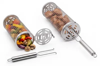 Produktbild von Grillkorb 2er Set Edelstahl Grillrolle Gemüsekorb für Gasgrill Holzkohlegrill BBQ
