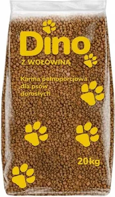 A bag of dog food with paw print graphics.