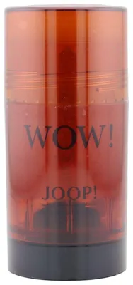 Transparenter JOOP! WOW! Deodorant Stick 75 ml in orangefarbenem Design mit schwarzem Sockel, Frontansicht des Originalprodukts
