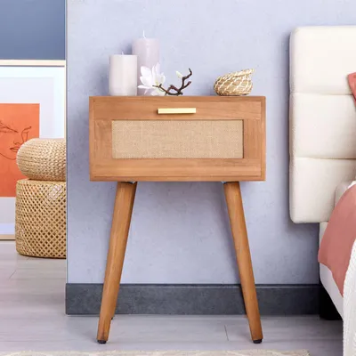 Produktbild von Nachttisch KIRAN in braun, Nachtschrank mit 1 Schublade, Nachtkommode im Boho Style und Jute Geflecht, Beistelltisch aus Paulownia Holz