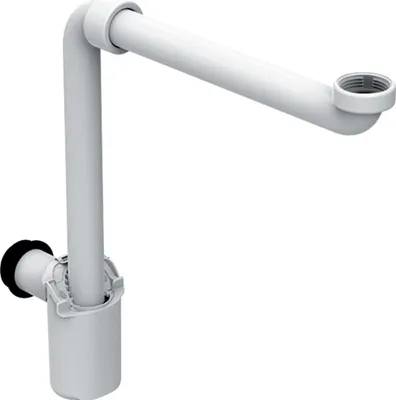 A white plumbing siphon for a sink.