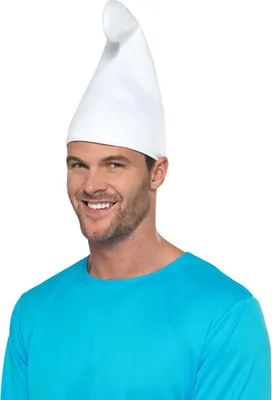 A man wearing a white gnome hat and a blue shirt.