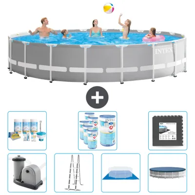 Produktbild von Intex Round Prism Frame Swimming Pool – 610 x 132 cm – Grau – inklusive Pumpe – Leiter – Bodenplane – Abdeckung Wartungspaket - Filter - Bodenfliesen